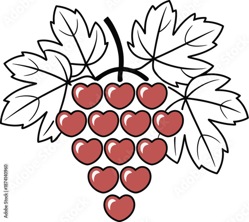 Cluster of heart-shaped grapes with large vine leaves illustrates the sweet, abundant harvest of affection and deep feelings.