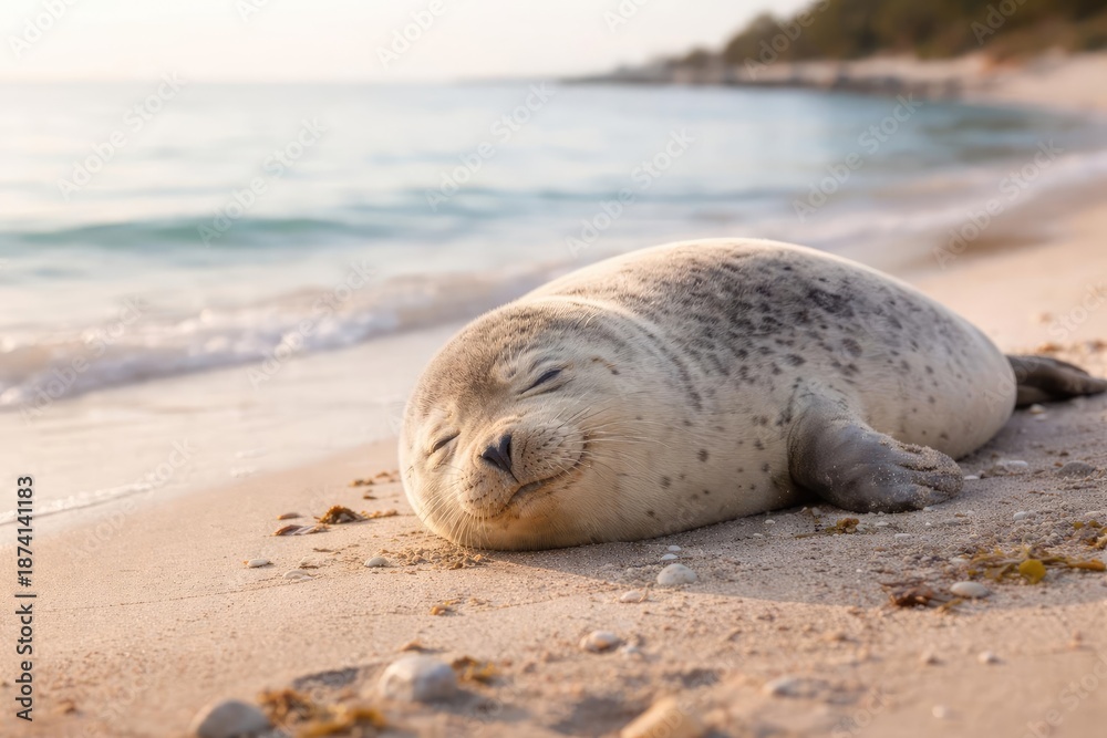 Fototapeta premium Serene seal napping on soft beach beside calm water
