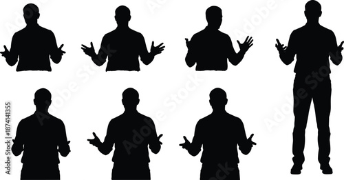 Silhouette set of man sitting and standing while explaining or presenting gestures, communication and teaching concept isolated on white background, business, education and presentation posesWeb