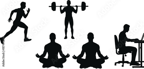 Silhouette set of man exercising, meditating and working at desk poses, fitness and lifestyle activity collection isolated on white background, health and balance conceptWeb