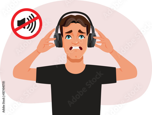 Man Wearing Hearing Protection Headphones Vector Illustration. Guy disturbed by loud noise wears hearing protection


