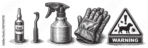 This vintage woodcut illustration displays tools for flea treatment: an ampoule, applicator, spray bottle, gloves, and a warning sign with a dog and insects.