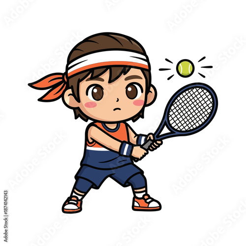 Young cartoon boy enthusiastically playing tennis on the court, ready to hit the ball with his racket in a dynamic pose, illustrating sports activity and fun