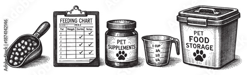 A vintage illustration featuring a pet feeding chart, a container of supplements, a measuring cup, and a pet food storage bin, all in black and white.