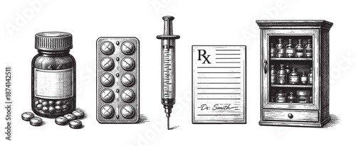 Vintage illustration featuring a medicine bottle, blister pack, syringe, prescription, and apothecary cabinet, conveying a retro medical theme with a black and white sketchy style.