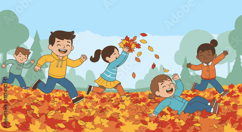 Children Playing Joyfully in Autumn Leaves Throwing Leaves in the Air.
