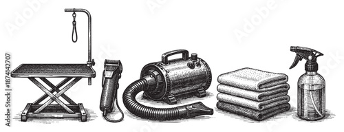 A vintage black and white illustration depicts essential dog grooming equipment including a grooming table, clippers, blower, towels, and spray bottle, perfect for service businesses.