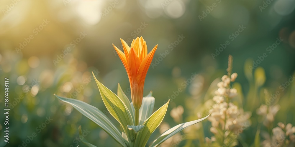 Fototapeta premium Bright orange bloom paired with fresh light green foliage, ideal for botanical layouts