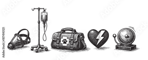 A vintage scratchboard illustration displays a collection of veterinary medical items including a muzzle, IV stand, first aid bag with paw print, heart with lightning bolt, and a bell.