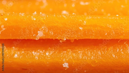 Close Up Macro View Of Two Bright Orange Carrots With Visible Salt Crystals And Textured Surface Illuminated By Soft Natural Light Against A Blurred Background