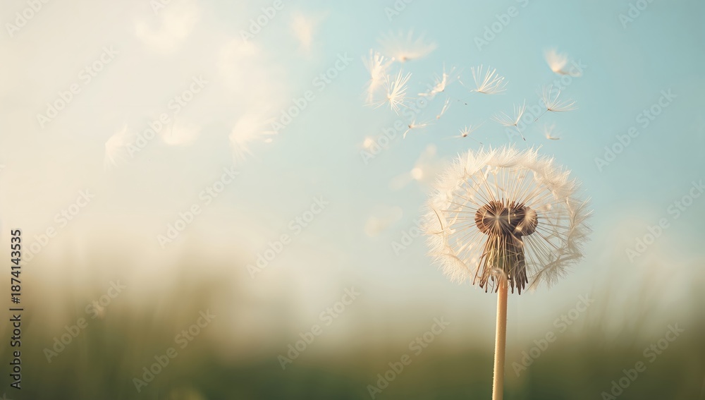 Obraz premium Detailed macro shot of dandelion seeds floating, illustrating seed dispersal in nature, Earth Day