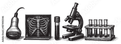 A vintage, scratchboard style illustration showcases an array of medical science equipment including an ultrasound probe, chest X-ray, test tube, microscope, and test tubes in a rack.
