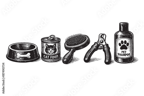 A detailed black and white sketch of essential pet care items including a food bowl, cat food can, brush, nail clippers, and shampoo bottle.
