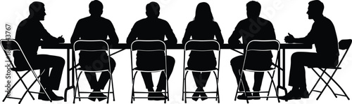 Business meeting silhouette with people sitting around conference table discussion teamwork collaboration isolated black vector illustration corporate concept