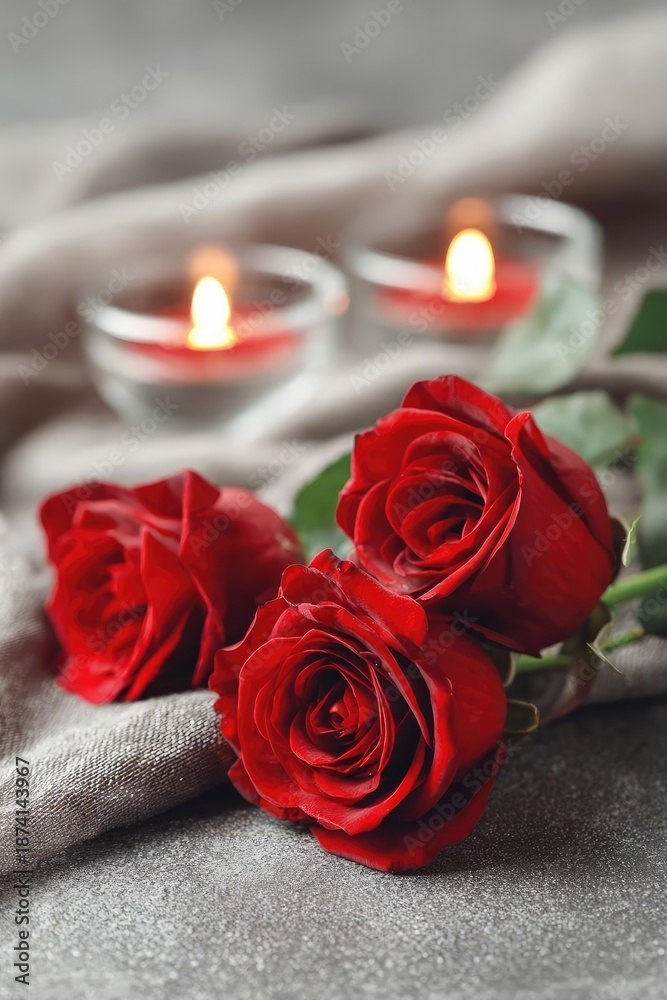 Fototapeta premium Red roses laid on gray fabric with two glowing tealight candles in glass holders behind them. Concept Red Roses on Gray Fabric, Candlelit Tealight Setup, Soft Warm Lighting
