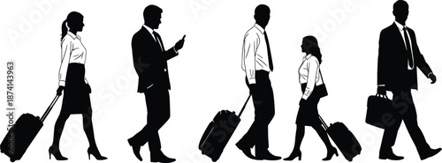 Business people walking with luggage silhouettes set professional travelers commuters isolated black vector illustration corporate travel lifestyle concept