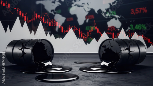 Cracked oil barrels with leaking crude in front of declining stock market graph