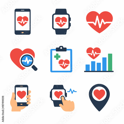 Heart health monitoring: phone apps and wearable technology icons collection