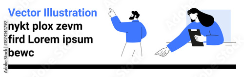Teamwork, business, communication, collaboration, brainstorming, presentation. Two people pointing and interacting in a work scenario. Business and communication collaboration concept