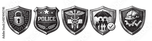 A set of five stylized shield icons in a woodcut style, representing digital security, police, medical services, safety, and construction, conveying protection and trust.