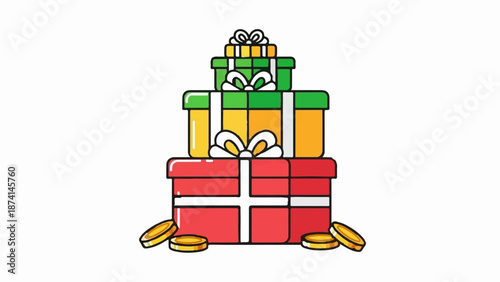 Stacked gift boxes with gold coins