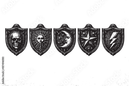 Five intricately designed black and white heraldic shields featuring a skull, sun, crescent moon, star, and lightning bolt in a detailed, vintage engraving style.