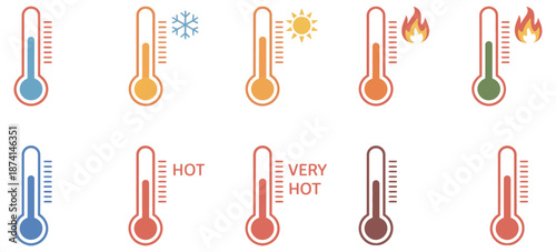 Colorful Thermometer Icons illustrating temperature levels from cold snowflake symbol to extreme heat flames, clear weather and climate concept design.