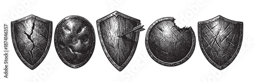 A collection of five antique shields in a woodcut illustration style, depicting wear and damage from battle, symbolizing defense and conflict.