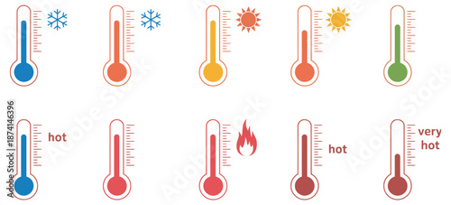 Colorful Thermometer Icons illustrating temperature levels from cold snowflake symbol to extreme heat flames, clear weather and climate concept design.