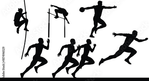 Athletic sport silhouettes set showing running, jumping, pole vault, and throwing actions, black dynamic human figures isolated on white background for fitness and competition conceptsWeb