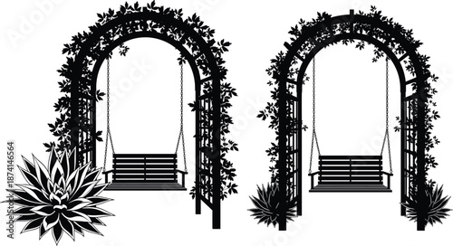 Garden swing arbor silhouettes with climbing plants archway outdoor park seating isolated black vector illustration romantic landscape design