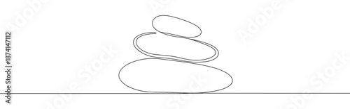 A continuous line drawing of a stack of three smooth, balanced stones, symbolizing balance, tranquility, and harmony