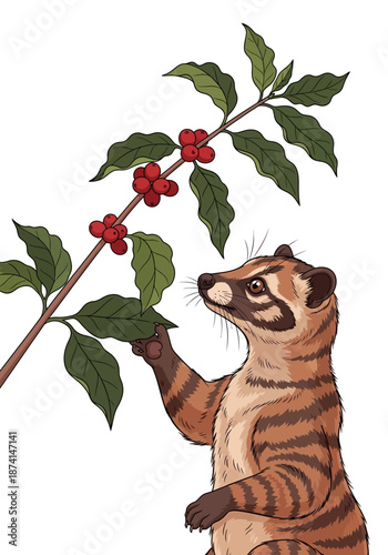 Civet cat reaching for coffee berries on a branch.