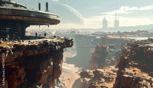 Futuristic Cityscape on a Rocky Alien Planet with a Large Moon.