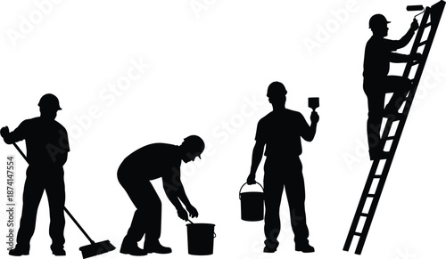 House painters silhouette set showing workers painting wall with brush roller bucket ladder isolated black vector illustration renovation concept