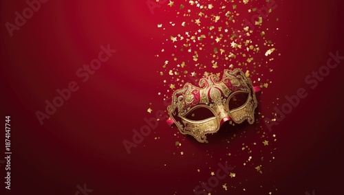 Wallpaper Mural Venetian masquerade mask adorned with gold details against a rich red backdrop, designed for carnival or costume parties, Purim observance Torontodigital.ca