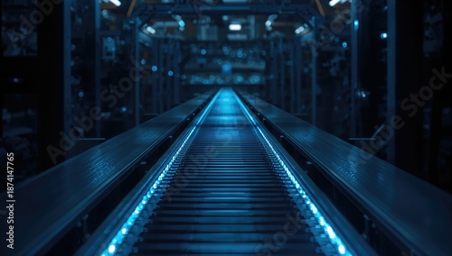 Futuristic industrial setting with conveyor line and blue-hued machinery highlighting operational safety