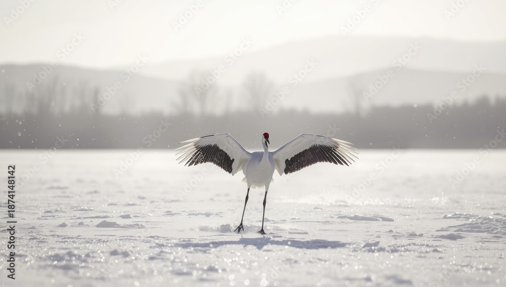 Fototapeta premium Crane descending onto snowy terrain, illustrating seasonal habitat adaptation for wildlife preservation