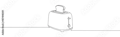 A continuous line drawing of a toaster with a piece of bread, symbolizing breakfast, convenience, and home appliances