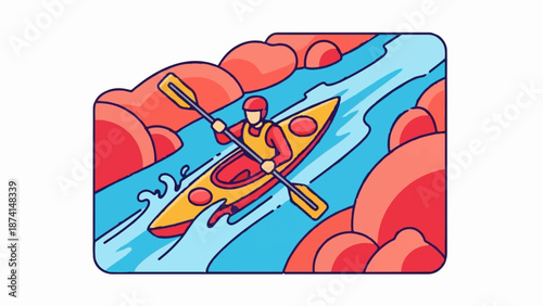 Person in yellow kayak paddling down a blue river surrounded by red rocks