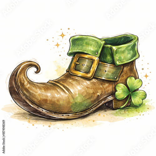 A whimsical brown leprechaun boot with a curled toe and green cuff sits isolated on a clean white background for holiday use.