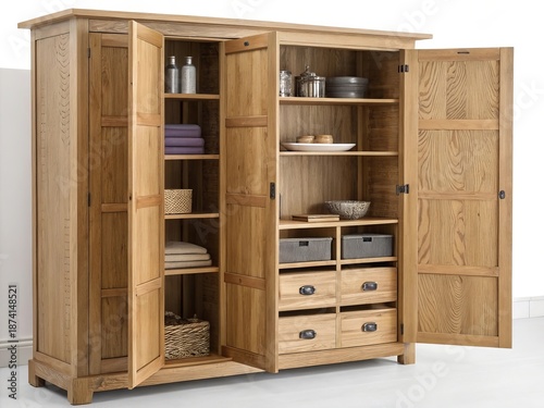 Large wooden storage cabinet with doors and drawers, showcasing organized interiors