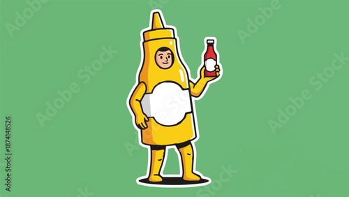 Person in large yellow condiment costume holding a small red bottle