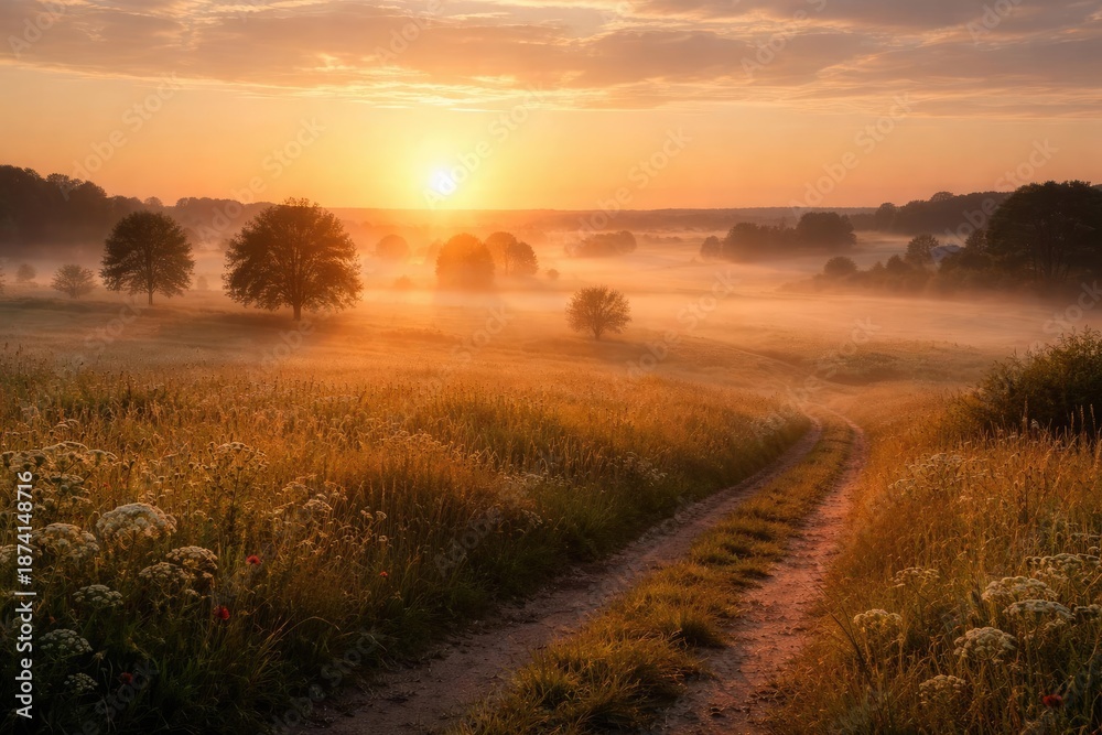 Fototapeta premium Soft glowing summer dawn with thin fog across open countryside