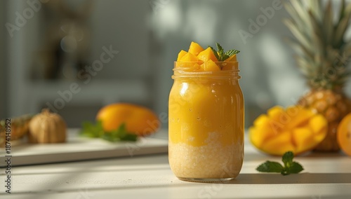 Mango sago pudding with coconut milk and sliced mango topping, served cold in a jar, suitable for refreshing summer treats
