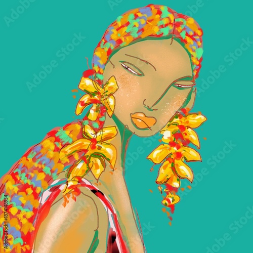 Fashion illustration. A beautiful woman in a dress and jewelry. Hand-drawn illustration.
