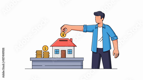 Person depositing coins into a house-shaped piggy bank
