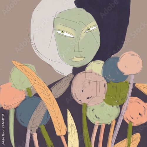 A girl among beautiful flowers. Fashion illustration. The illustration is done in pastel. Subdued colors and shades.