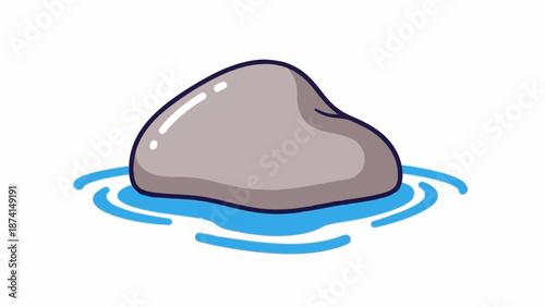 Smooth gray stone floating on blue water ripples, cartoon style