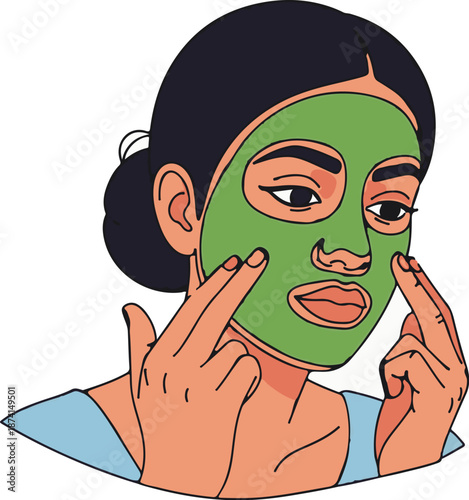 Person applying a green face mask, fingers touching cheeks